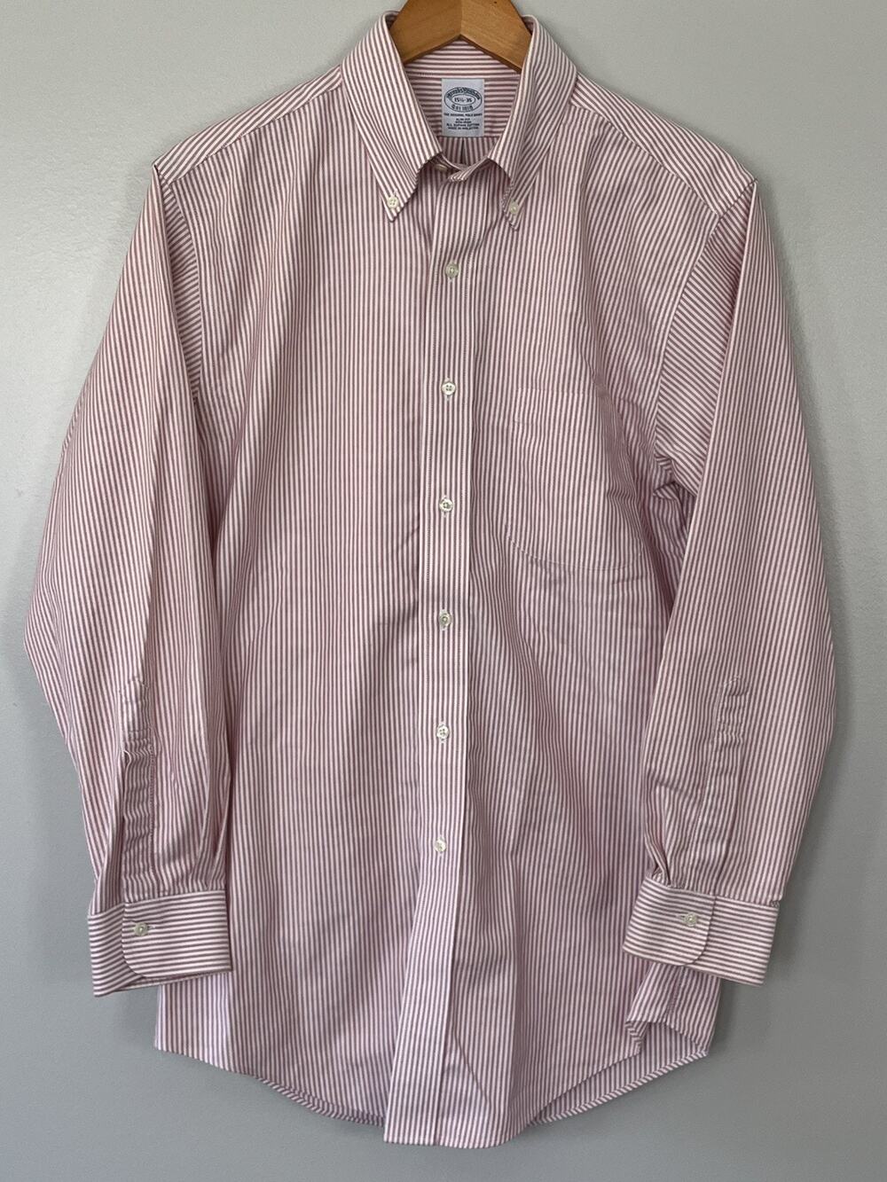 Brooks Brothers Men’s 15.5/35 Pink White Striped Slim Fit Non-Iron Shirt